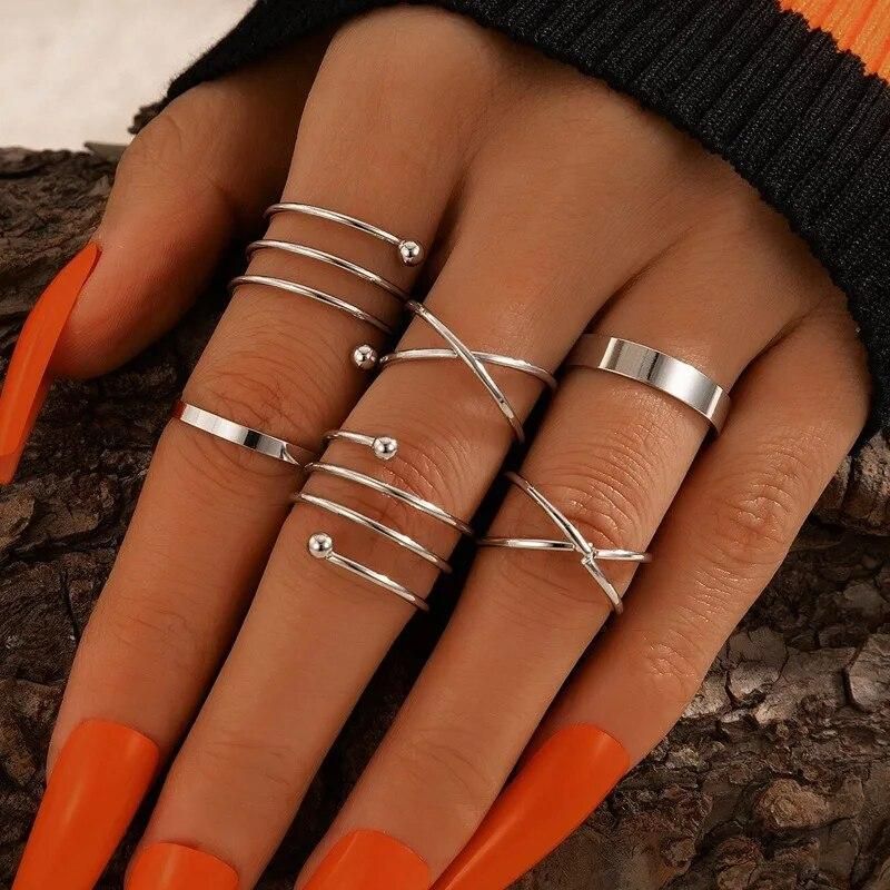 Silver Color Round Hollow Geometric Fashion Cross Twist Open Ring Set Joint (6Pcs)